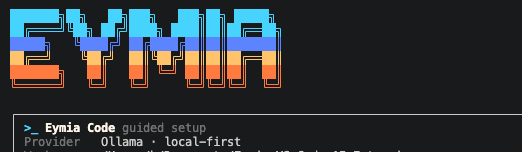 Eymia Code CLI terminal showing the branded guided setup screen